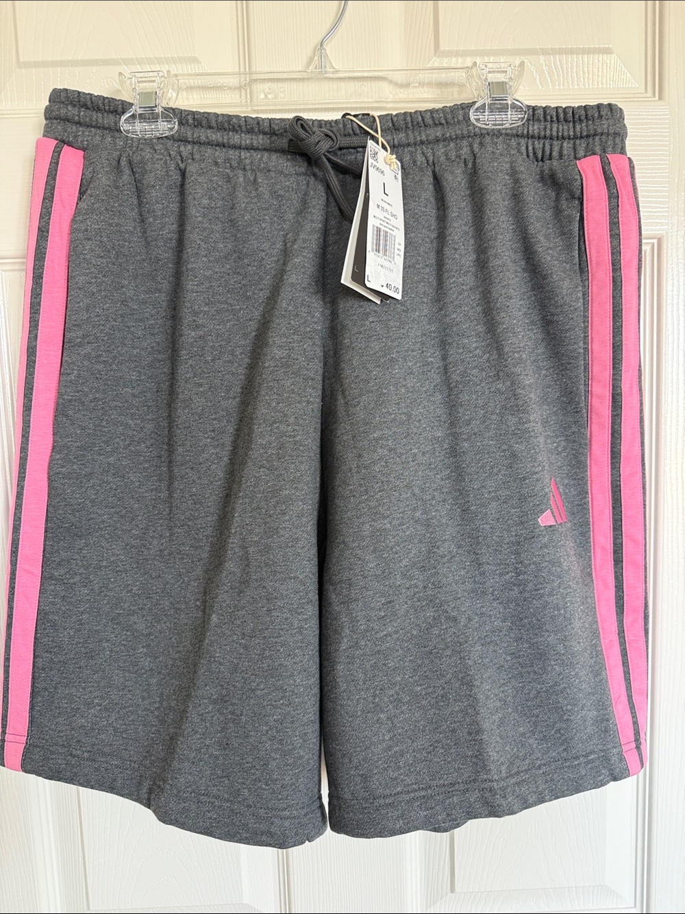New! Adidas Men's Essential Three Stripes
Fleece Shorts, Gray & Pink, Size Large